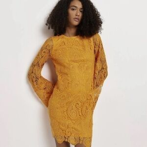 River Island Women Tie Neck Long Sleeve Lace Mini Dress, Mustard US 6
